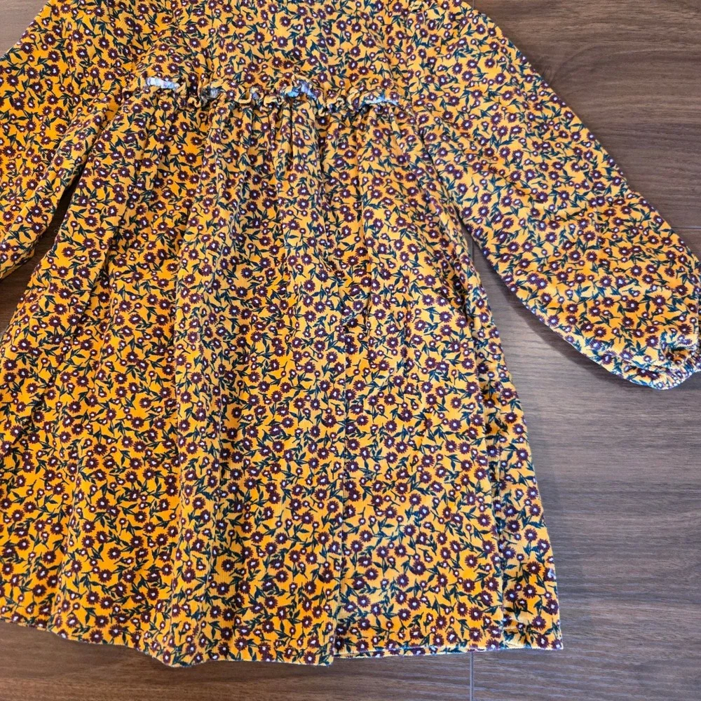 Next SP Girls Mustard Yellow Floral Corduroy Dress Ruffle‎ Neck 2-3 Years